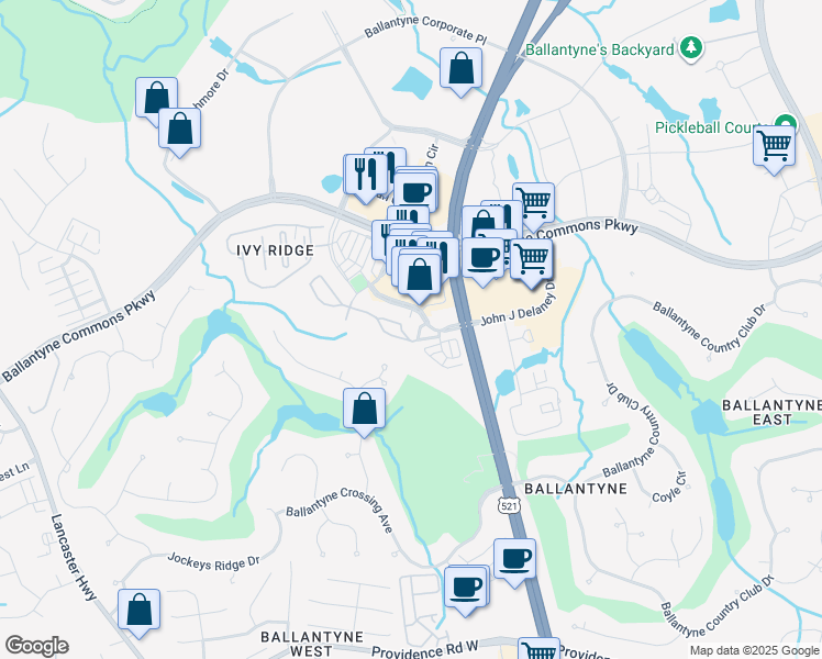 map of restaurants, bars, coffee shops, grocery stores, and more near 14840 John J Delaney Drive in Charlotte