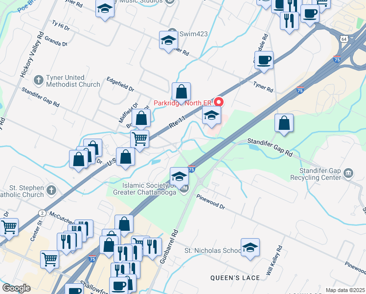 map of restaurants, bars, coffee shops, grocery stores, and more near 7314 Courage Way in Chattanooga