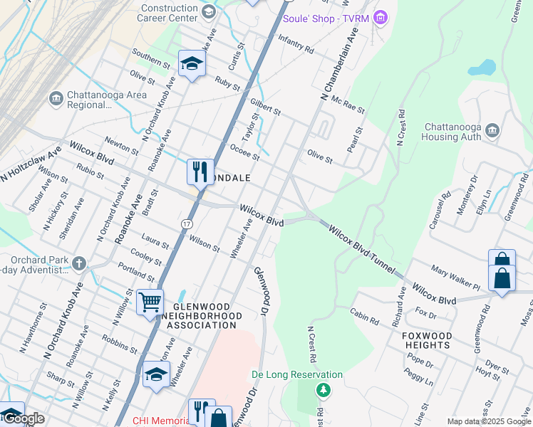 map of restaurants, bars, coffee shops, grocery stores, and more near 1500 Wheeler Avenue in Chattanooga