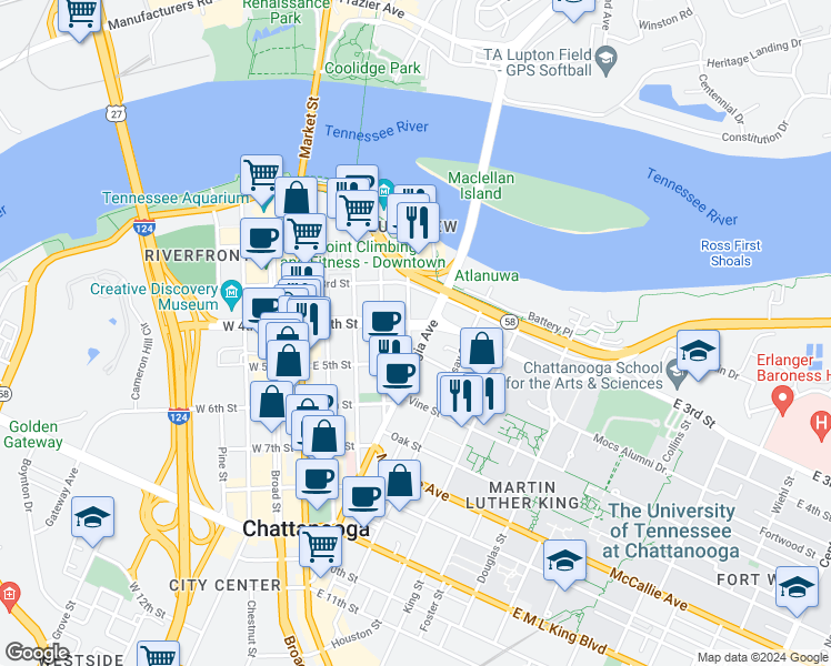 map of restaurants, bars, coffee shops, grocery stores, and more near 409 Georgia Avenue in Chattanooga