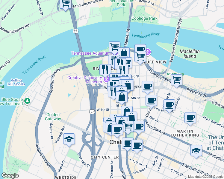 map of restaurants, bars, coffee shops, grocery stores, and more near 401 Broad St in Chattanooga