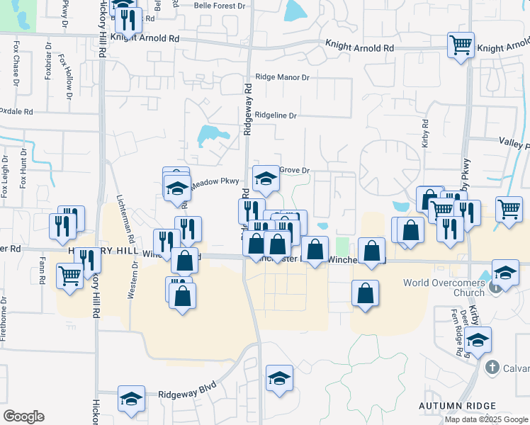 map of restaurants, bars, coffee shops, grocery stores, and more near 3500 Ridgeway Road in Memphis