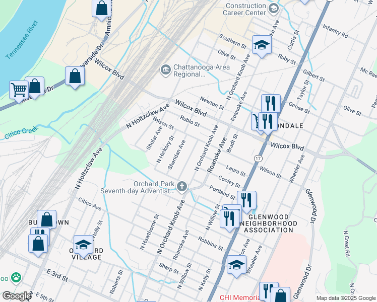 map of restaurants, bars, coffee shops, grocery stores, and more near 1111 North Hawthorne Street in Chattanooga