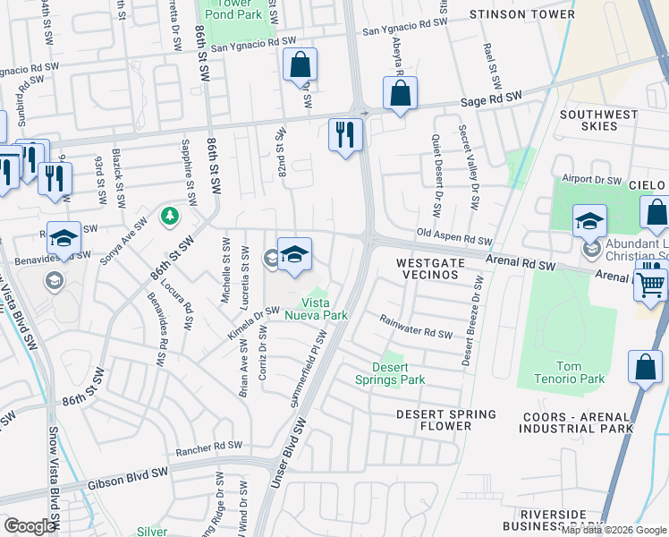 map of restaurants, bars, coffee shops, grocery stores, and more near 1330 Quartz Drive Southwest in Albuquerque