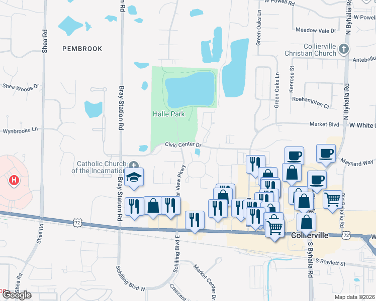 map of restaurants, bars, coffee shops, grocery stores, and more near 451 Sweet Apple Cove in Collierville