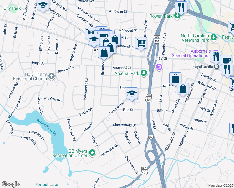 map of restaurants, bars, coffee shops, grocery stores, and more near 1102 Simpson Street in Fayetteville