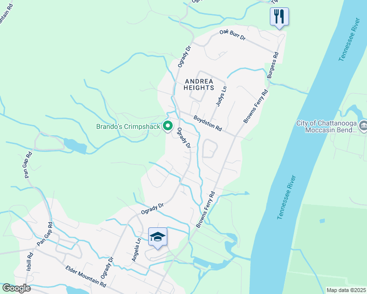 map of restaurants, bars, coffee shops, grocery stores, and more near 949 Ogrady Drive in Chattanooga