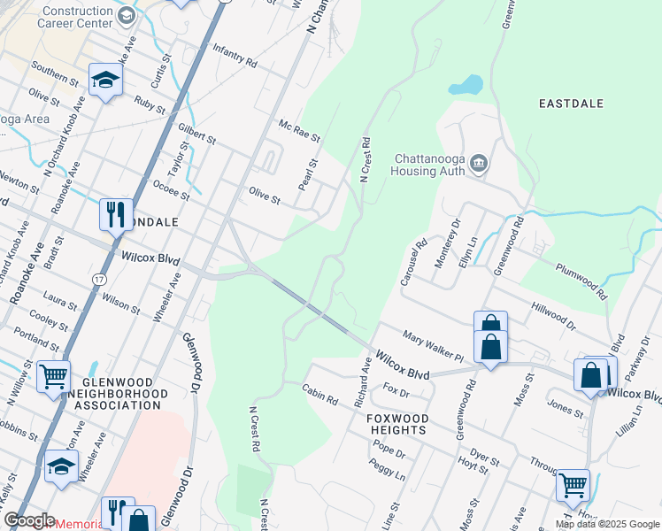 map of restaurants, bars, coffee shops, grocery stores, and more near 334 North Crest Road in Chattanooga
