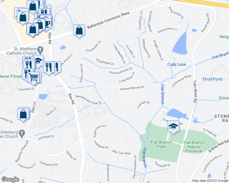 map of restaurants, bars, coffee shops, grocery stores, and more near 10626 Lumley Drive in Charlotte
