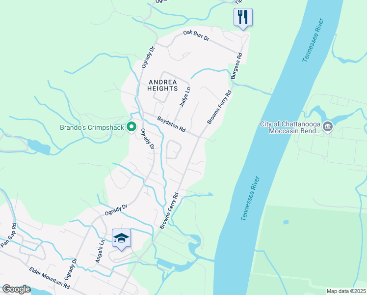 map of restaurants, bars, coffee shops, grocery stores, and more near 3337 Bonneville Circle in Chattanooga