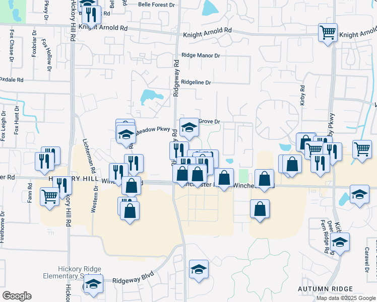 map of restaurants, bars, coffee shops, grocery stores, and more near 3500 Ridgeway Road in Memphis