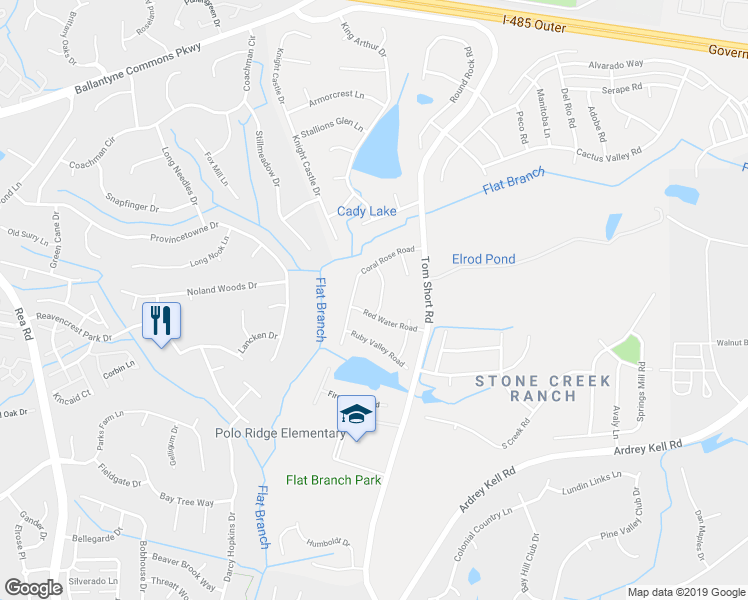 map of restaurants, bars, coffee shops, grocery stores, and more near 11414 Blue Blossom Road in Charlotte