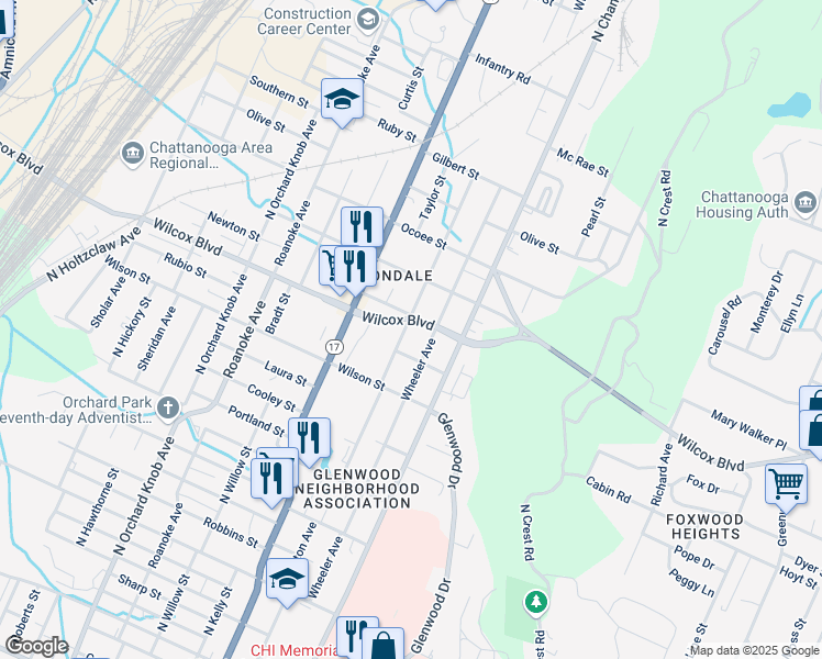 map of restaurants, bars, coffee shops, grocery stores, and more near 1410 Arlington Avenue in Chattanooga