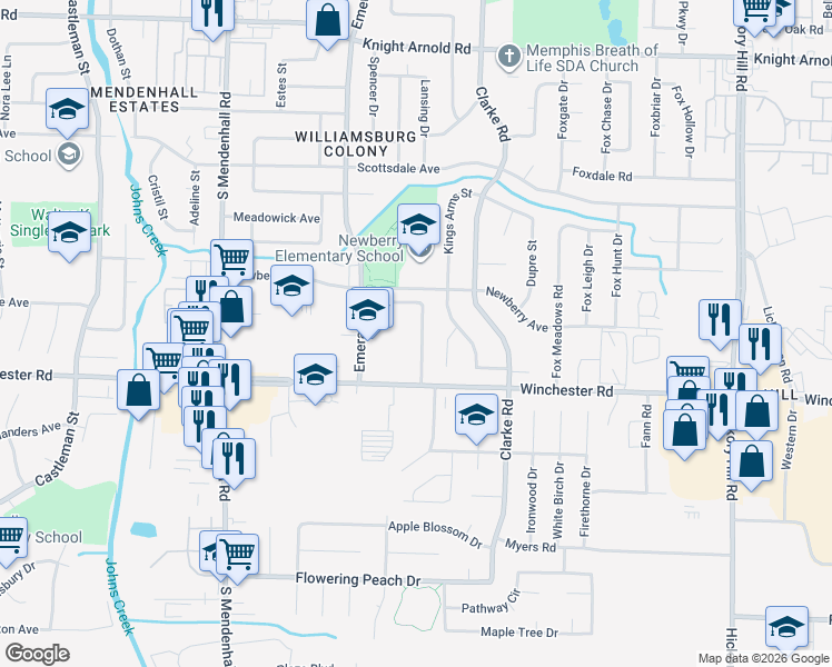 map of restaurants, bars, coffee shops, grocery stores, and more near 3543 Bishops Gate Dr in Memphis
