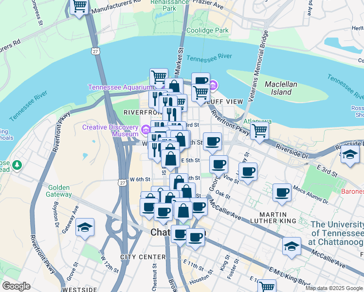 map of restaurants, bars, coffee shops, grocery stores, and more near 408 Market Street in Chattanooga