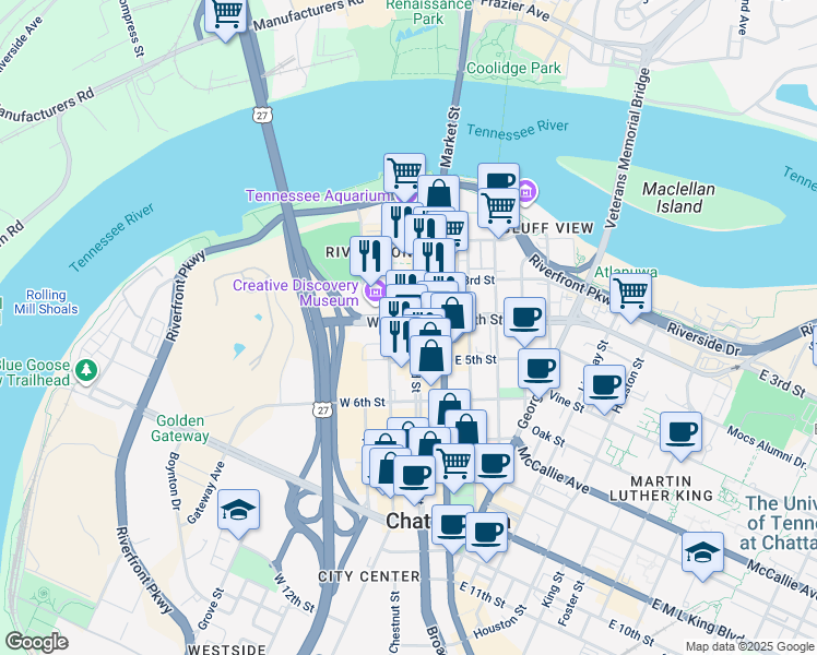 map of restaurants, bars, coffee shops, grocery stores, and more near 401 Broad Street in Chattanooga