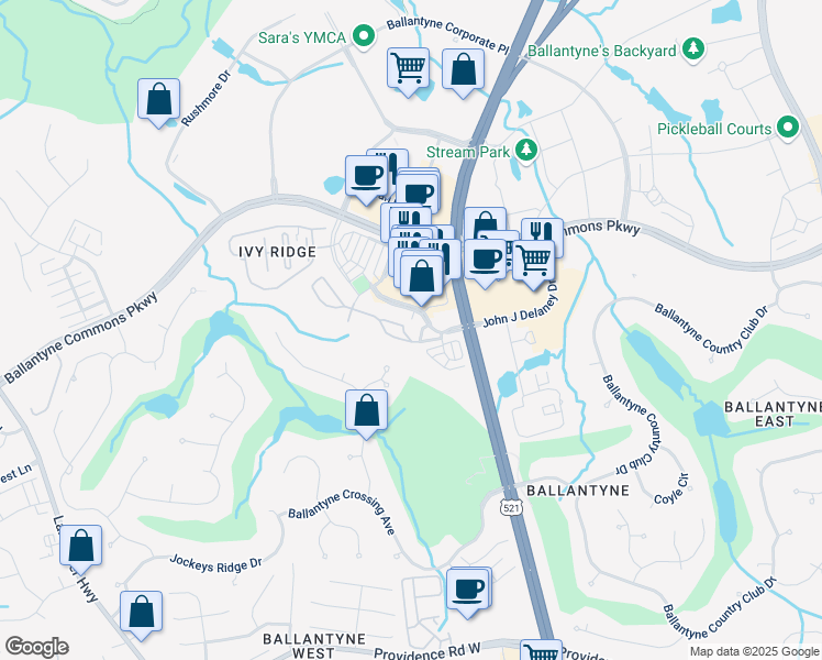 map of restaurants, bars, coffee shops, grocery stores, and more near 15049 Santa Lucia Drive in Charlotte