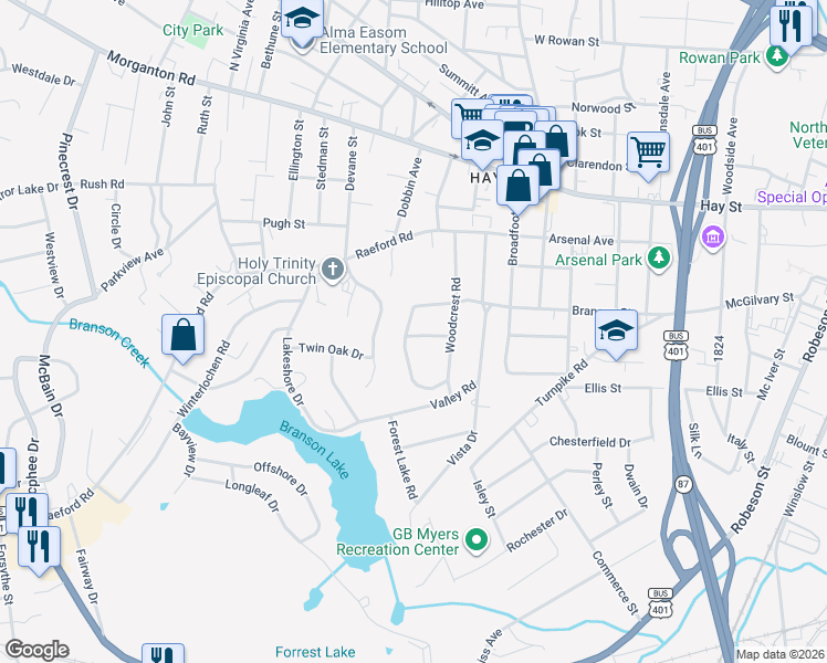 map of restaurants, bars, coffee shops, grocery stores, and more near 1429 Pine Valley Loop in Fayetteville