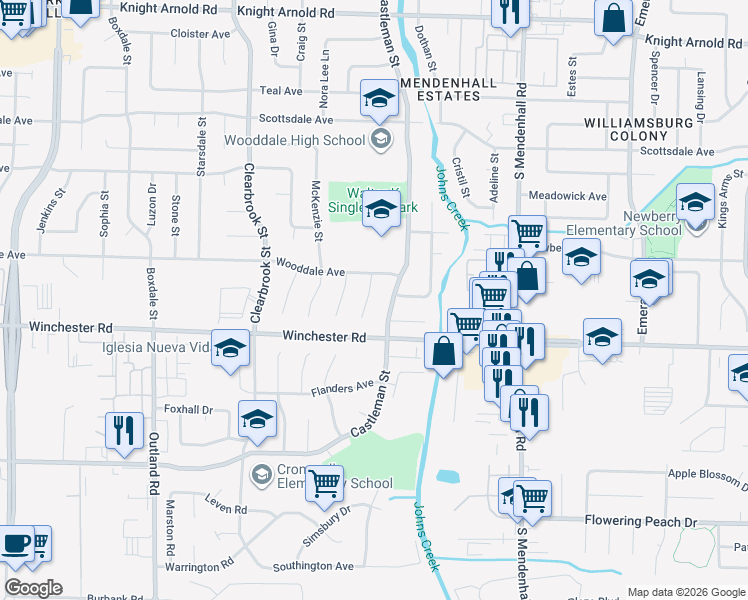 map of restaurants, bars, coffee shops, grocery stores, and more near 3530 Marconi Cove in Memphis