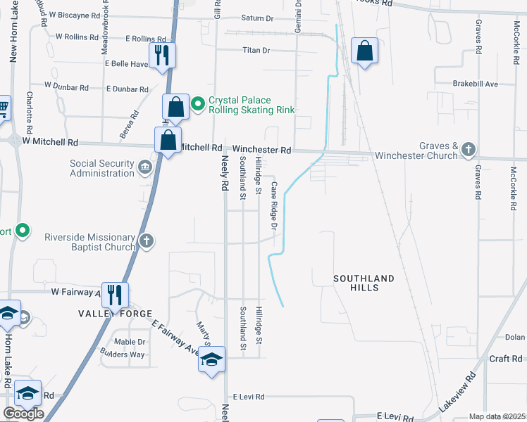map of restaurants, bars, coffee shops, grocery stores, and more near 3540 Hillridge Street in Memphis