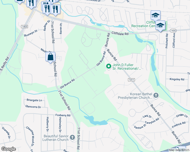 map of restaurants, bars, coffee shops, grocery stores, and more near 703 Banner Elk Drive in Fayetteville