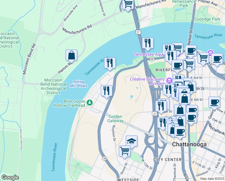 map of restaurants, bars, coffee shops, grocery stores, and more near 553 Riverfront Parkway in Chattanooga