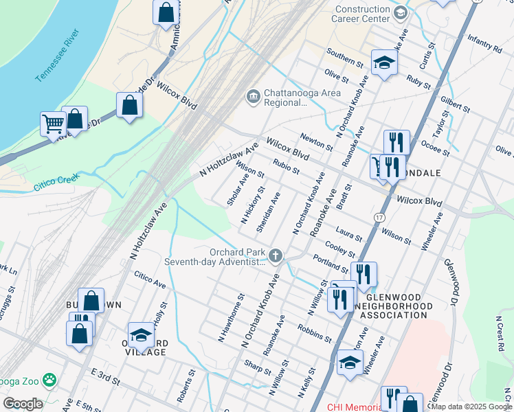 map of restaurants, bars, coffee shops, grocery stores, and more near 1102 North Hickory Street in Chattanooga
