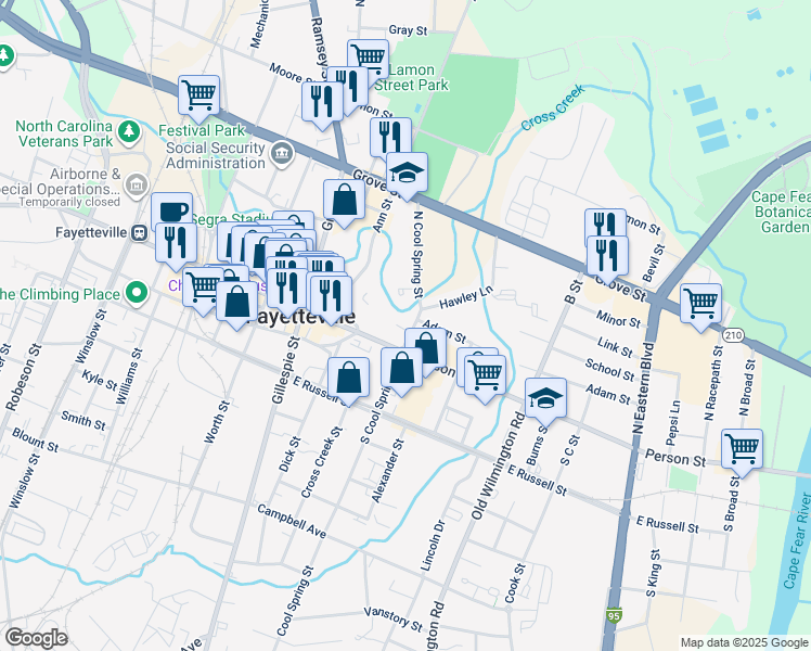 map of restaurants, bars, coffee shops, grocery stores, and more near 119 North Cool Spring Street in Fayetteville