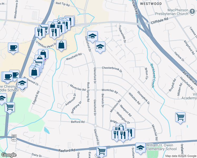 map of restaurants, bars, coffee shops, grocery stores, and more near 625 State Road 1592 in Fayetteville