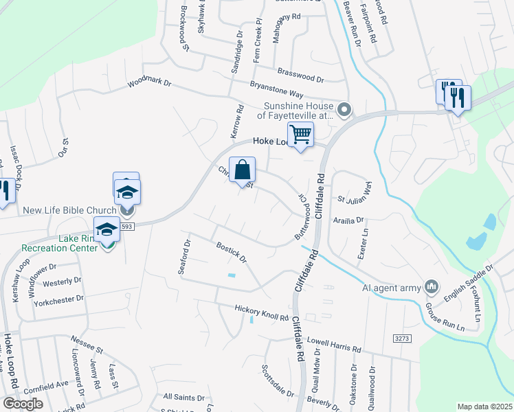 map of restaurants, bars, coffee shops, grocery stores, and more near 6713 Lune Circle in Fayetteville