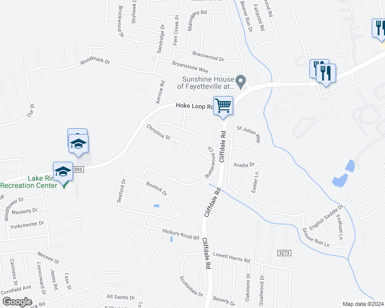 map of restaurants, bars, coffee shops, grocery stores, and more near 6701 Newland Circle in Fayetteville