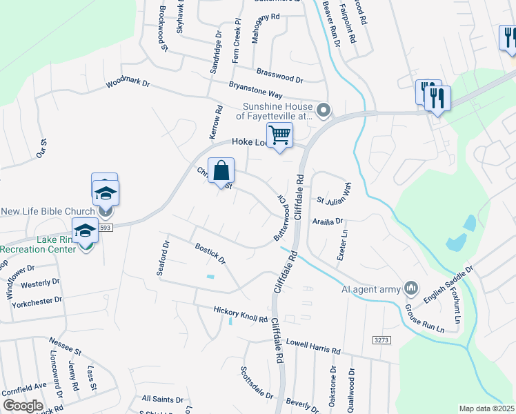 map of restaurants, bars, coffee shops, grocery stores, and more near 6701 Newland Circle in Fayetteville