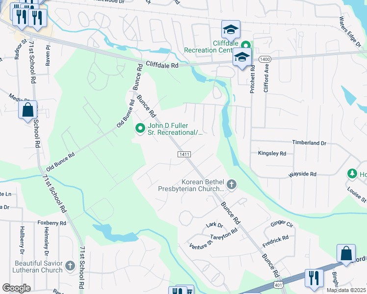 map of restaurants, bars, coffee shops, grocery stores, and more near 6499 Pleasant Street in Fayetteville