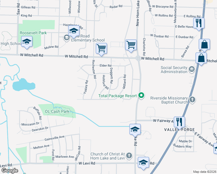 map of restaurants, bars, coffee shops, grocery stores, and more near 3541 Daggett Rd in Memphis