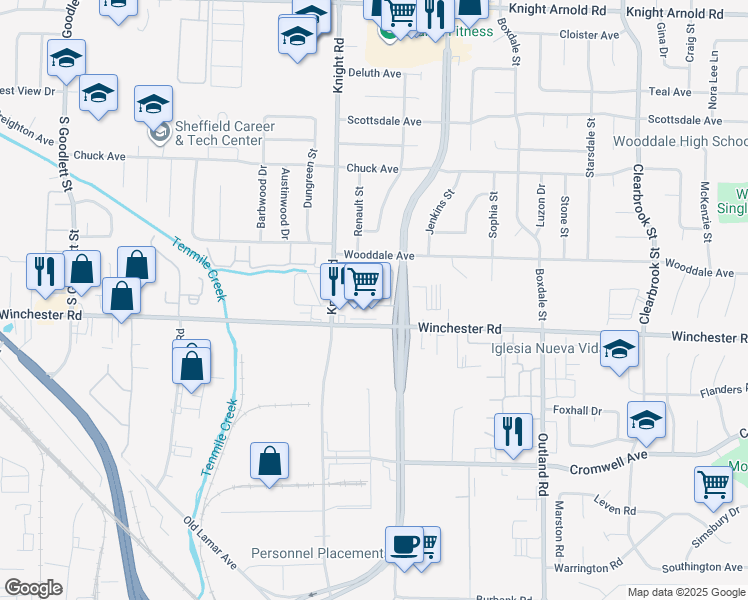 map of restaurants, bars, coffee shops, grocery stores, and more near 4635 Forest Oak Way in Memphis
