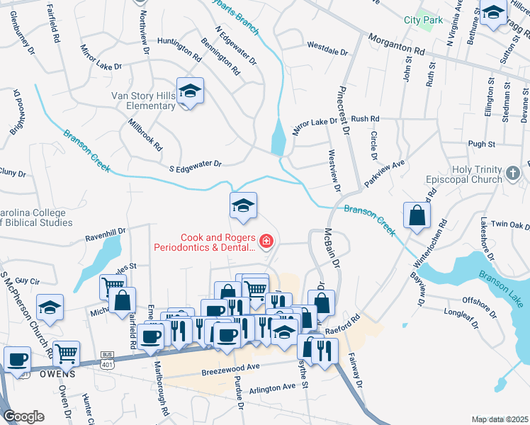 map of restaurants, bars, coffee shops, grocery stores, and more near 571 Winding Creek Road in Fayetteville