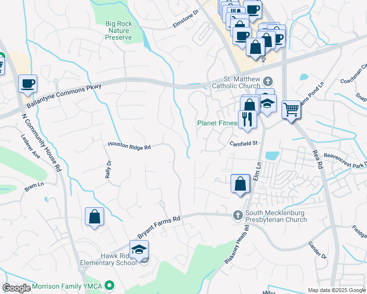 map of restaurants, bars, coffee shops, grocery stores, and more near 11646 Stonebriar Drive in Charlotte