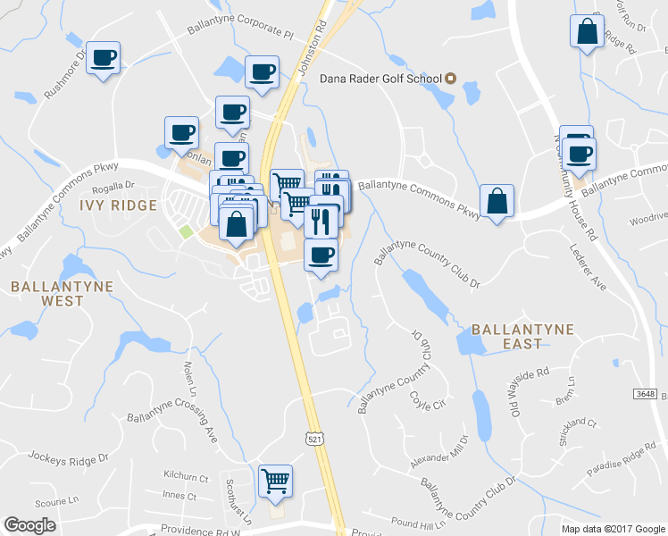 map of restaurants, bars, coffee shops, grocery stores, and more near 15120 John J Delaney Drive in Charlotte