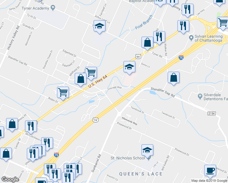 map of restaurants, bars, coffee shops, grocery stores, and more near 7328 Courage Way in Chattanooga