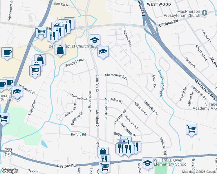 map of restaurants, bars, coffee shops, grocery stores, and more near 623 Berwick Drive in Fayetteville
