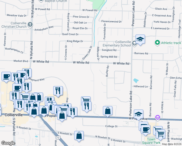 map of restaurants, bars, coffee shops, grocery stores, and more near 439 Dove Valley Road in Collierville