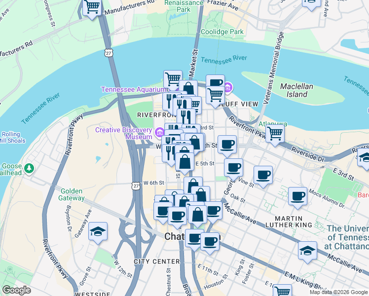 map of restaurants, bars, coffee shops, grocery stores, and more near 408 Market Street in Chattanooga