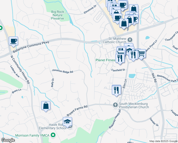 map of restaurants, bars, coffee shops, grocery stores, and more near 11646 Stonebriar Drive in Charlotte