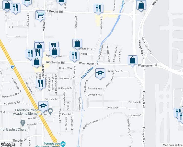 map of restaurants, bars, coffee shops, grocery stores, and more near 3543 West Big Bend Drive in Memphis