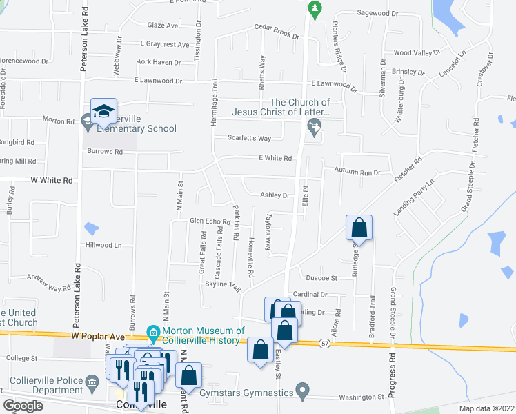 map of restaurants, bars, coffee shops, grocery stores, and more near 450 Homeville Road in Collierville