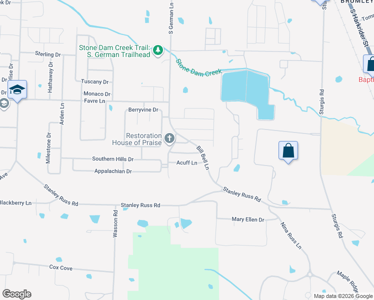 map of restaurants, bars, coffee shops, grocery stores, and more near Bill Bell Lane in Conway