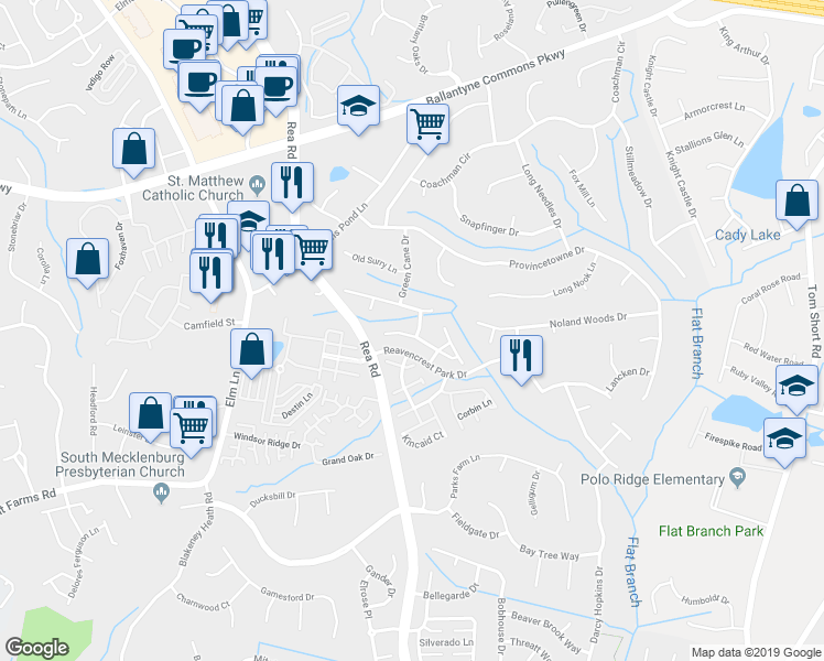 map of restaurants, bars, coffee shops, grocery stores, and more near 10603 Folio Club Drive in Charlotte