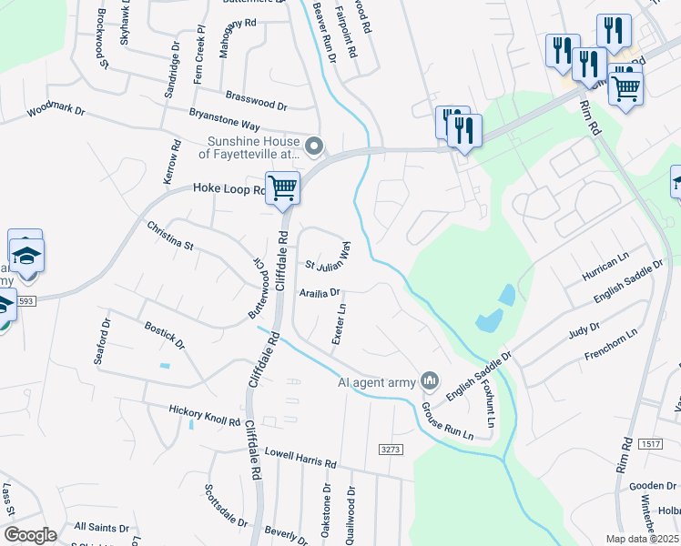 map of restaurants, bars, coffee shops, grocery stores, and more near 6728 Saint Julian Way in Fayetteville