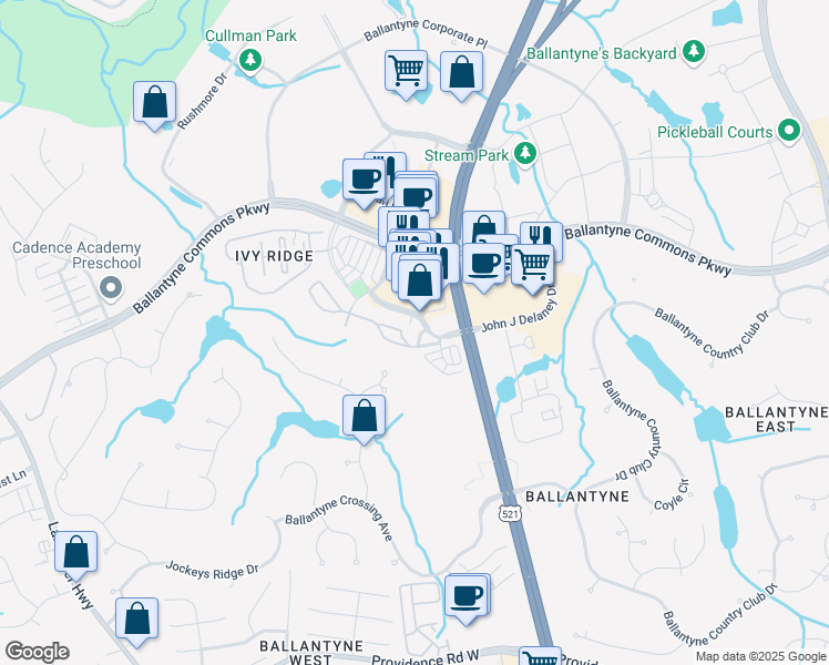 map of restaurants, bars, coffee shops, grocery stores, and more near 15051 Santa Lucia Drive in Charlotte