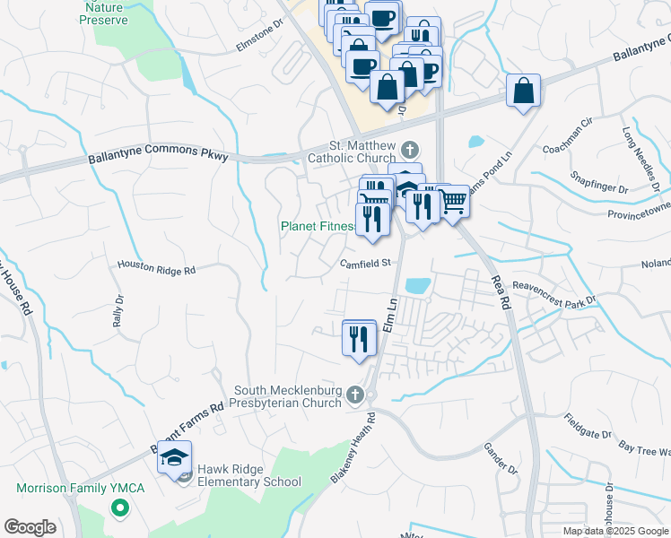 map of restaurants, bars, coffee shops, grocery stores, and more near 8321 Southgate Commons Drive in Charlotte